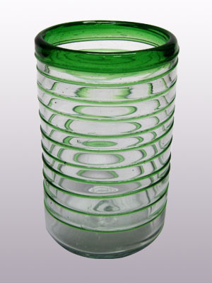 Vasos de Vidrio Soplado / Juego de 6 vasos grandes con espiral verde esmeralda / Éstos elegantes vasos cubiertos con una espiral verde esmeralda darán un toque artesanal a su mesa.